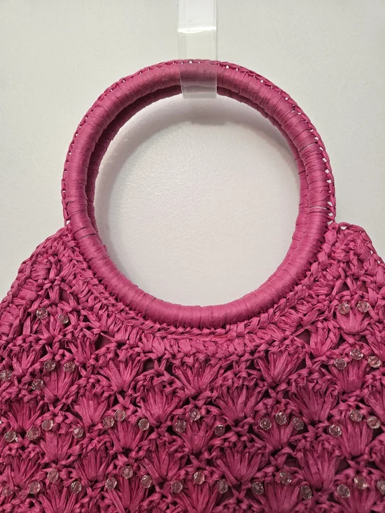 Woven Fuchsia Round-Handle Tote Raffia Bag - Picture 2 of 10